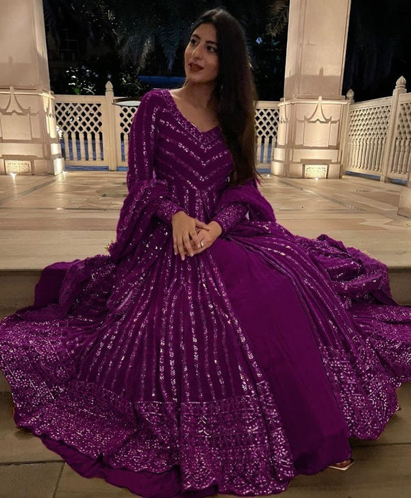 Royal Purple Sequined Anarkali Gown Set Glamorous Evening Wear for Weddings