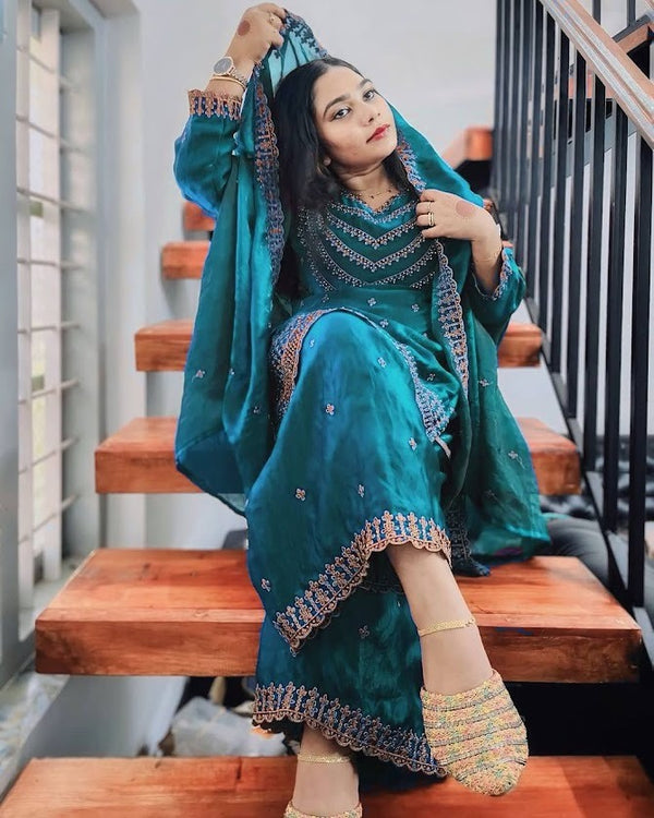 Emerald Green Fendi Silk Suit with Elegant Sequin & Diamond Embroidery Festive Glam