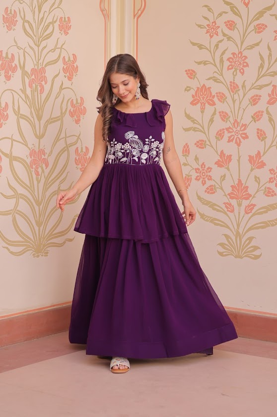 Plum Purple Tiered Gown with White Floral Embroidery Sleeveless Designer Party Dress