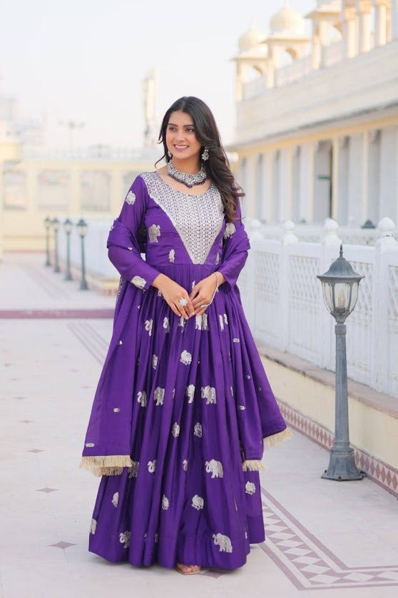 Royal Purple Anarkali Gown with Silver Motifs & Mirror Work Dupatta Ethnic Wedding Wear for Women