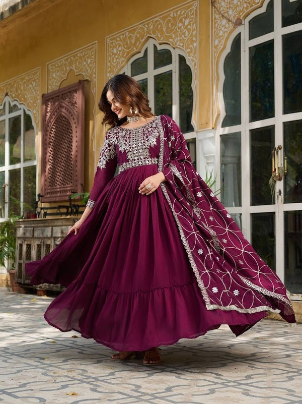Maroon Embroidered Georgette Anarkali Gown with Dupatta Ethnic Floor Length Dress