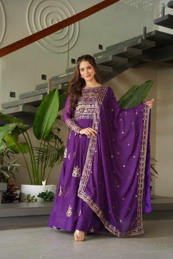 Regal Purple Embroidered Georgette Anarkali Suit with Dupatta Festive Wear