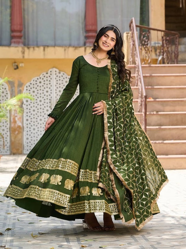 Olive Green Anarkali Gown with Elephant Motif Border & Dupatta Traditional Festive Ethnic Wear