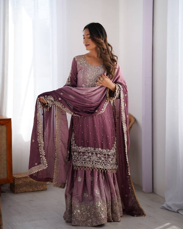 Mauve Chinon Silk Sharara Suit with Sequins & Dori Handwork Elegant Ethnic Ensemble