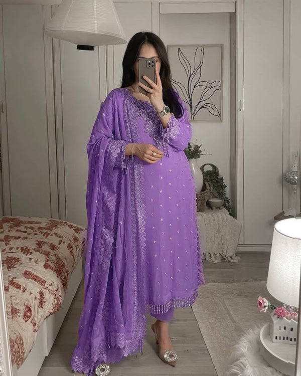 Lavender Georgette Embroidered Kurti Plazzo Set with Lace Dupatta