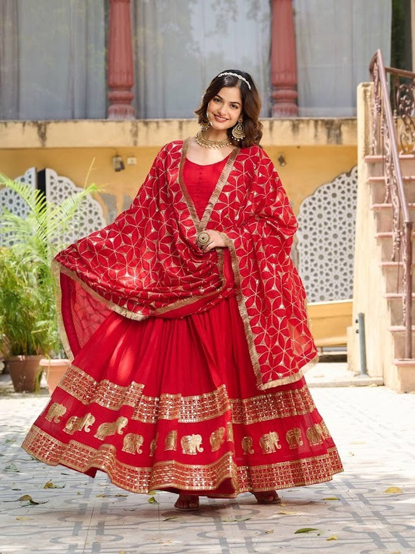 Crimson Red Anarkali Gown with Embroidered Golden Dupatta Traditional Festive Ensemble