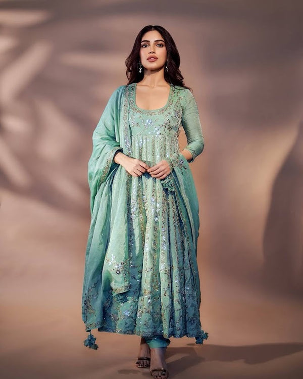 Sea Green Mirror Work Anarkali Suit with Dupatta Designer Ethnic Ensemble for Weddings