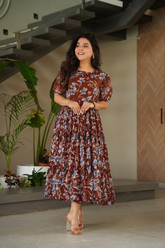 Rust Brown Floral Printed Georgette Tier Dress Elegant Puff Sleeve Midi Dress for Women