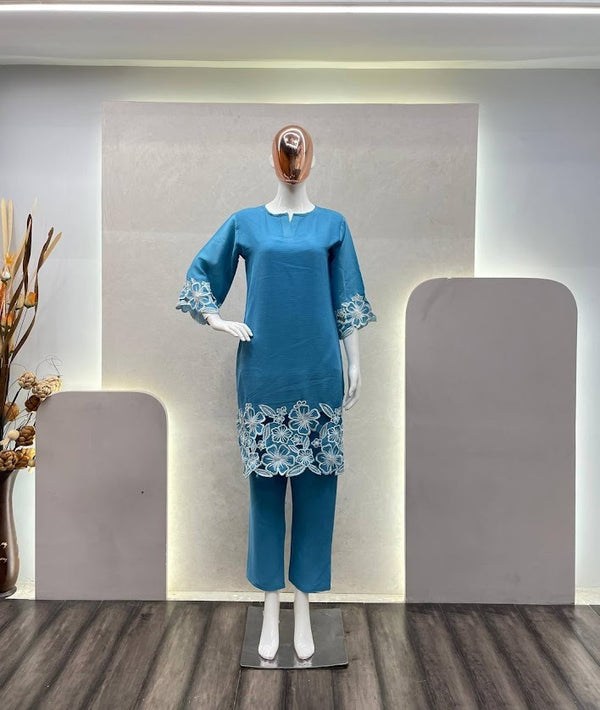 Sky Blue Floral Embroidered Co Ord Set Stylish Straight Kurta with Pant for Casual Wear
