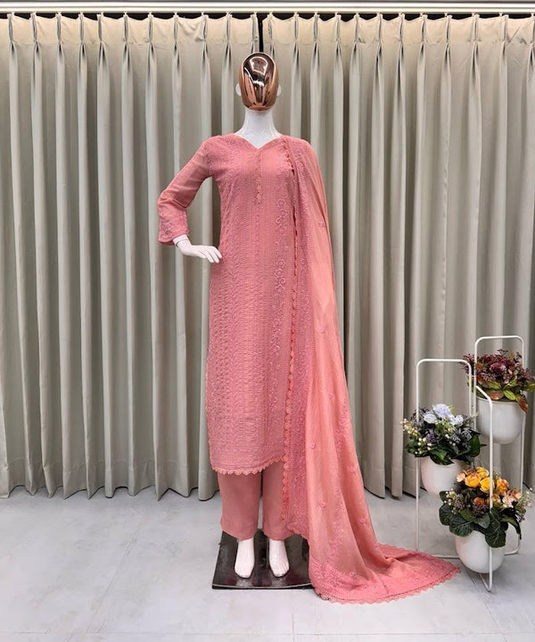 Peach Pink Embroidered Cotton Suit Set Elegant Straight Kurta with Pants & Dupatta