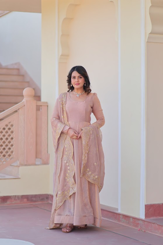 Champagne Beige Embroidered Anarkali Set with Sequinned Dupatta Graceful Ethnic Gown for Wedding Occasions