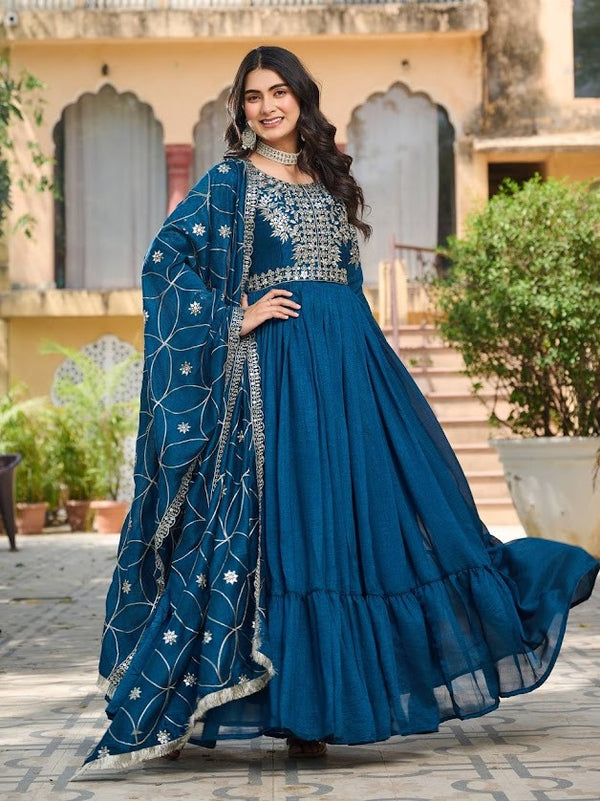 Navy Blue Embroidered Anarkali Gown with Dupatta Ethnic Partywear Floor Length Dress