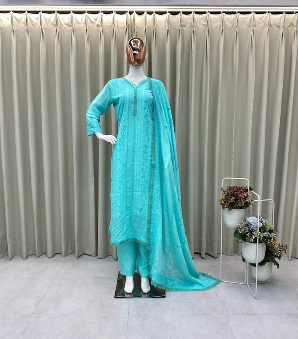 Turquoise Blue Embroidered Cotton Suit Set Straight Kurta with Pant & Net Dupatta