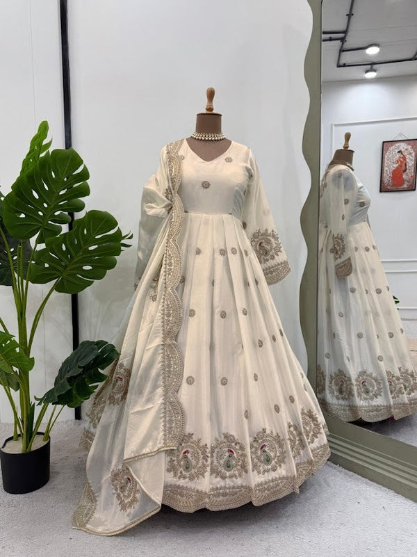 Ivory Embroidered Anarkali Gown with Dupatta Peacock Motif & Zari Border Detailing