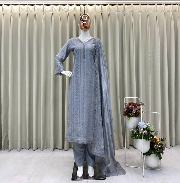 Dusty Grey Embroidered Cotton Suit Set Straight Kurta with Pants & Matching Dupatta