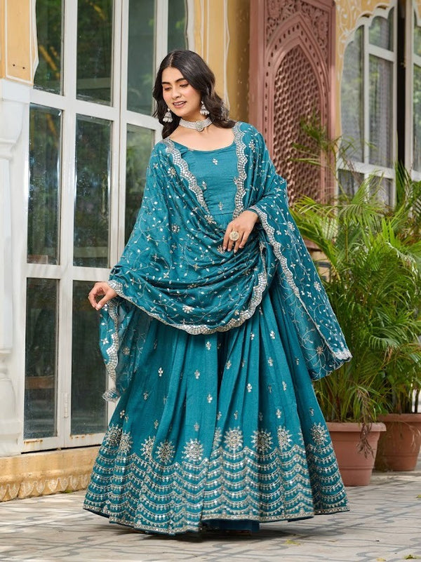 Teal Blue Embroidered Anarkali Gown with Matching Dupatta Elegant Festive Wear Set