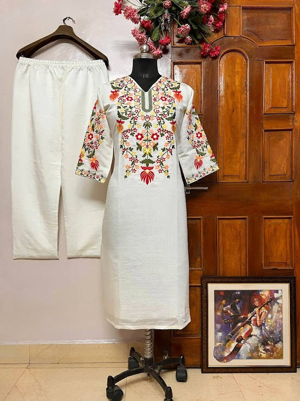 Ivory Roman Silk Kurti Pant Set with Multicolor Thread Embroidery