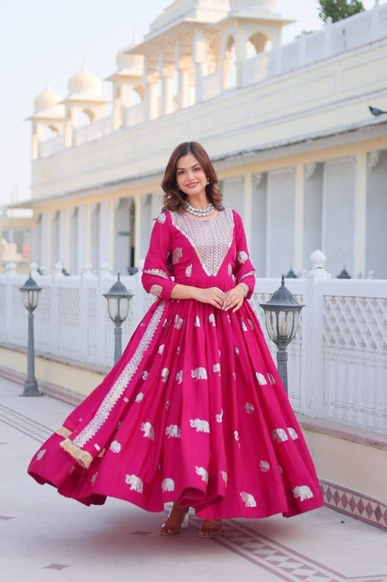 Rani Pink Anarkali Gown with Silver Elephant Motifs & Embellished Dupatta Wedding Wear for Women