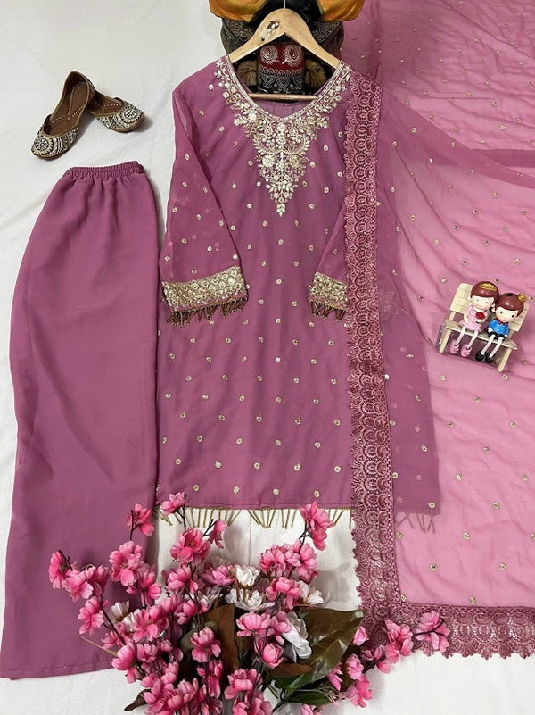 Elegant Mauve Georgette Kurti Plazzo Set with Sequin & Zari Embroidery