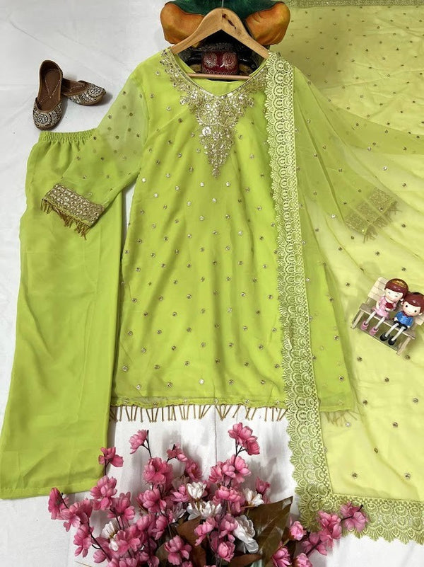 Lime Green Georgette Embroidered Kurti Plazzo Set with Dupatta