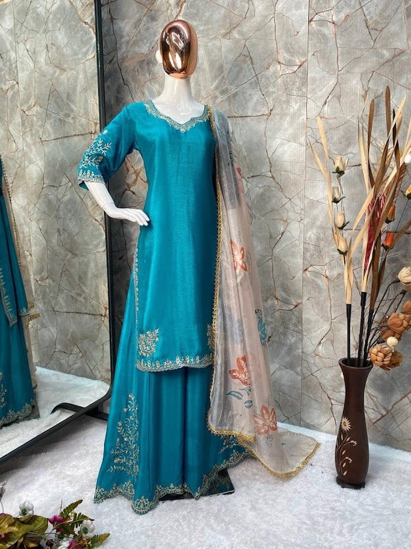 Teal Blue Embroidered Silk Sharara Suit with Floral Net Dupatta Stylish Festive Wear