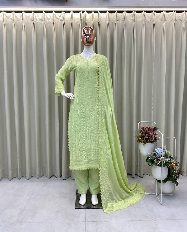 Pistachio Green Embroidered Cotton Suit Set Elegant Straight Kurta with Pants & Dupatta