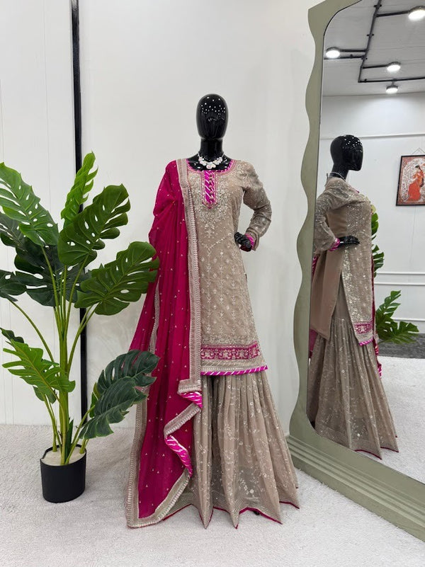Elegant Taupe Sharara Set with Hot Pink Dupatta & Mirror Work Accents
