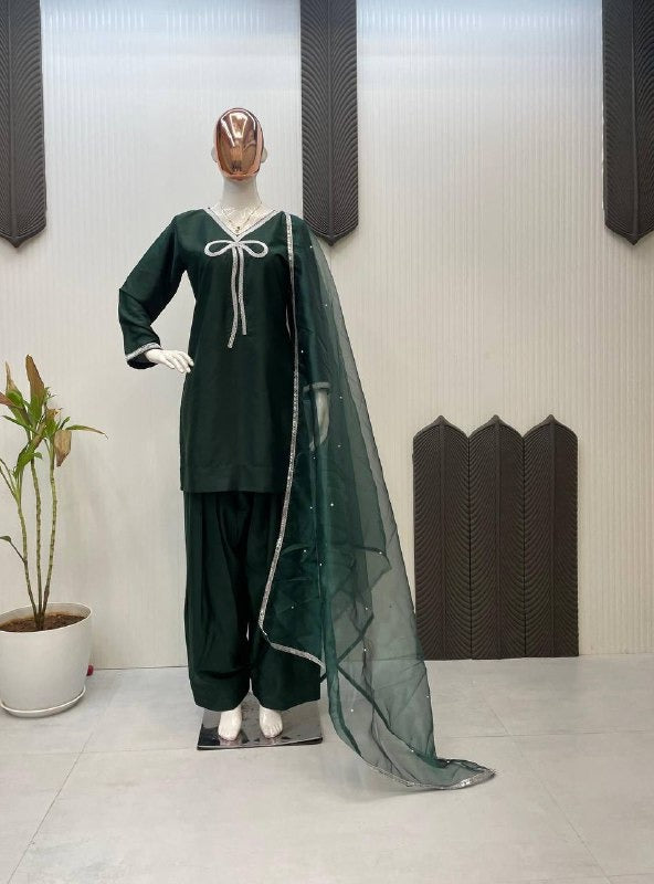 Bottle Green Patiala Suit Set with White Bow Neckline & Net Dupatta Stylish Ethnic Wear for Festive