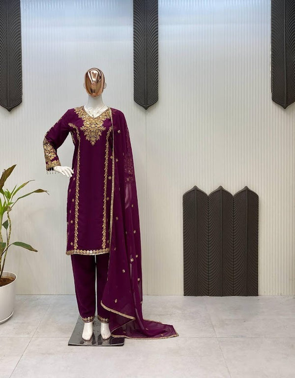 Royal Purple Embroidered Organza Suit with Golden Zari Detailing
