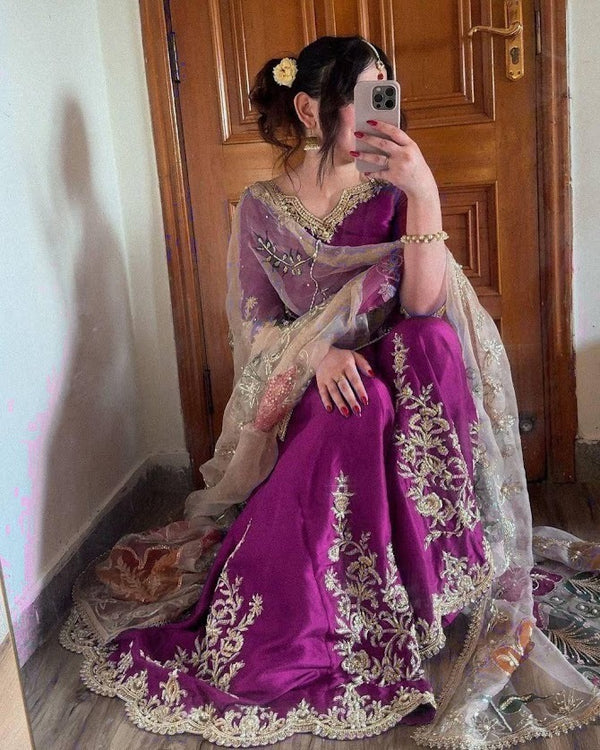Magenta Embroidered Georgette Sharara Suit with Net Dupatta Designer Party Wear