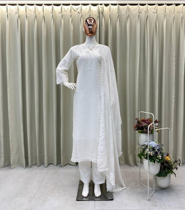 Pure White Embroidered Cotton Suit Set Elegant Straight Kurta with Pant & Net Dupatta