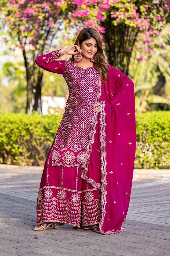 Magenta Pink Heavy Embroidered Sharara Suit with Dupatta Traditional Wedding Wear