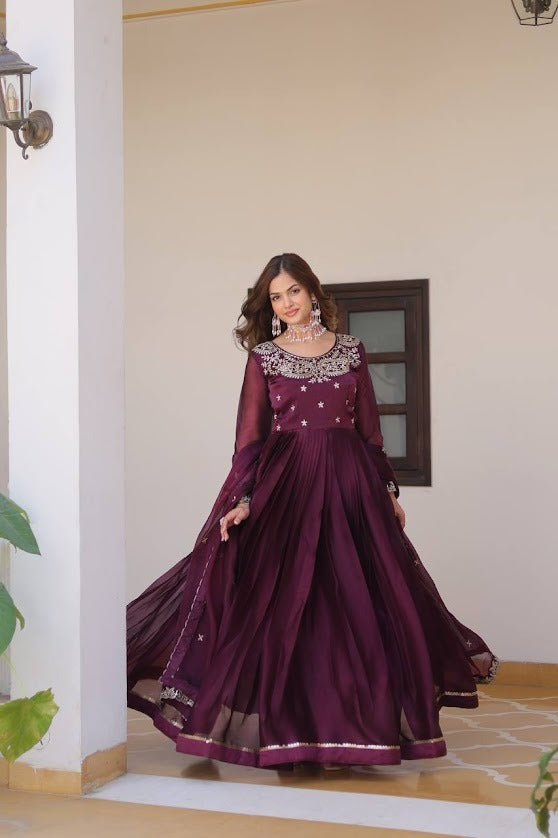 Wine Maroon Embroidered Anarkali Gown with Dupatta with Sheer Sleeves & Mirror Work
