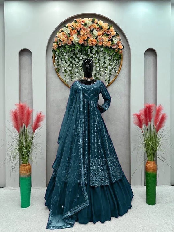 Teal Blue Embroidered Anarkali Lehenga Set Royal Grace for Wedding Celebrations