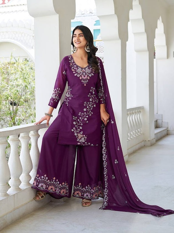 Plum Purple Embroidered Kurta Sharara Set with Floral Dupatta Stylish Festive Wear