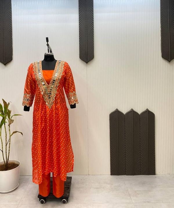 Radiant Mirror Work Anarkali Set in Fiery Red Chinon