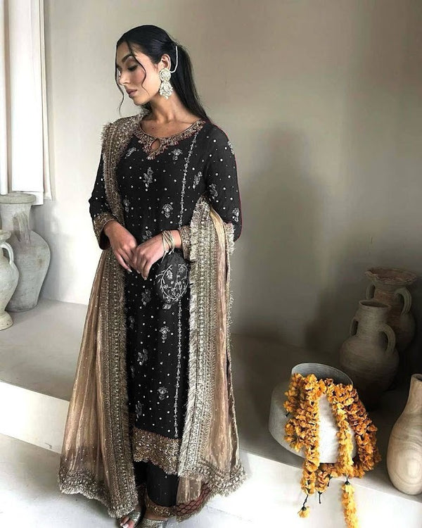 Black Fox Georgette Embroidered Suit Set with Moti & Sequin Detailing Luxe Party Wear