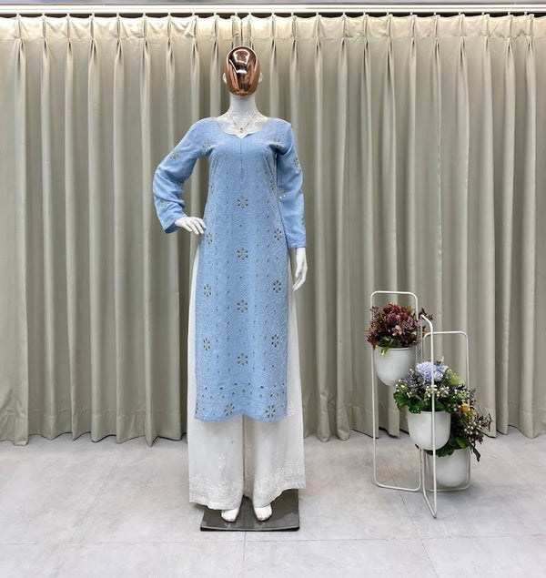 Sky Blue Mirror Work Kurta Set Elegant Straight Cotton Kurti with White Embroidered Palazzo