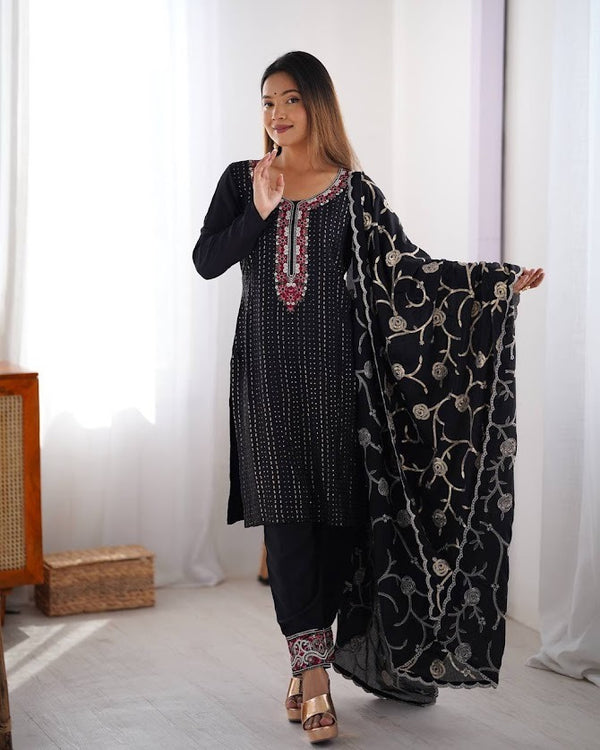 Elegant Black Embroidered Cotton Suit Set with Chikankari Dupatta Graceful Ethnic Ensemble