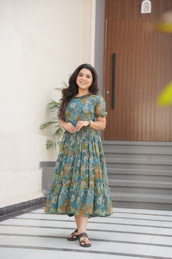 Teal & Mustard Floral Printed Georgette Midi Dress Casual Summer Wear for Women