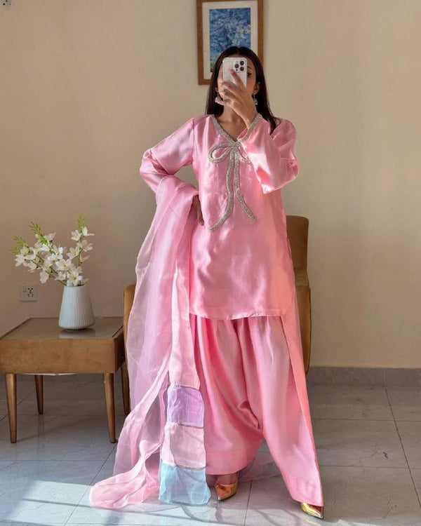 Baby Pink Patiala Suit Set with Bow Neckline & Multicolor Organza Dupatta Soft Ethnic Wear for Festive