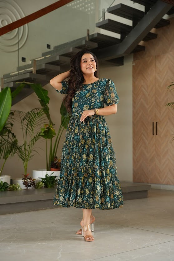 Teal Blue Floral Printed Georgette Tier Dress Casual & Brunch Wear Midi Dress for Women