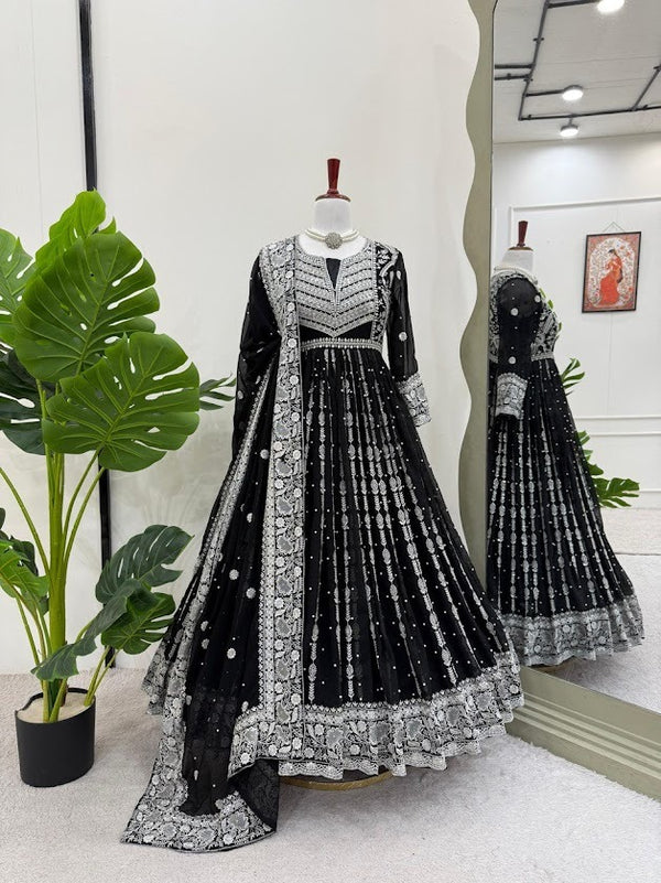 Black Beauty Anarkali Set with White Threadwork & Luxe Lace Dupatta