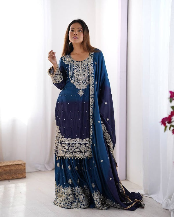 Midnight Blue Embellished Sharara Suit Set in Chinon Silk with Dupatta Elegant Festive Wear