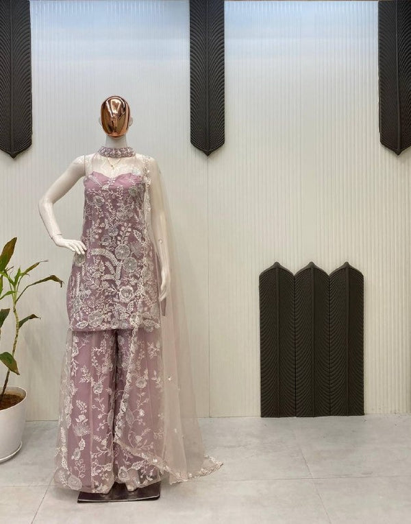 Dusty Lavender Embroidered Net Sharara Set with Strapless Kurti & Dupatta Premium Party Wear