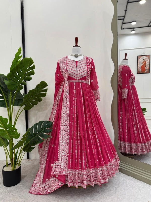 Magenta Pink Anarkali Set with Intricate White Thread Embroidery & Net Dupatta