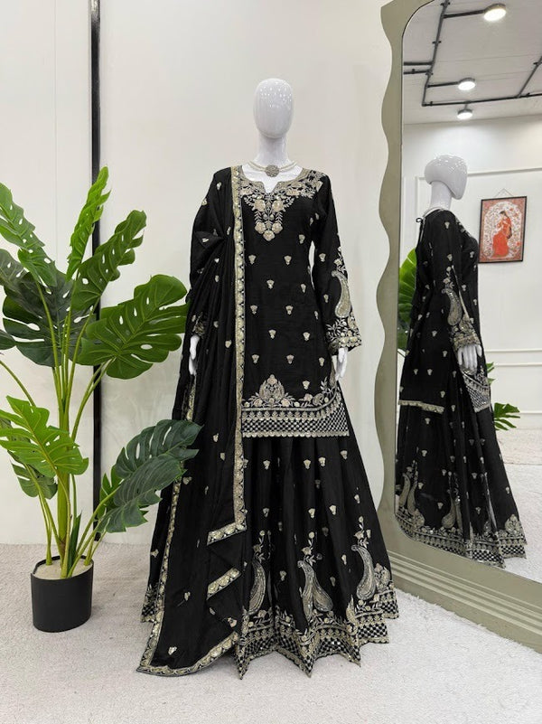 Grace in Every Thread: Elegant Black Embroidered Sharara Set