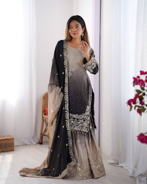 Noir Pearl Embellished Sharara Suit Set with Dupatta Luxe Designer Wear