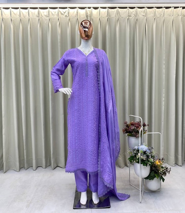 Lavender Embroidered Cotton Suit Set Elegant Straight Kurta with Pant & Net Dupatta
