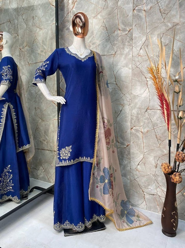 Royal Blue Embroidered Sharara Suit Set with Floral Printed Dupatta Festive Wear